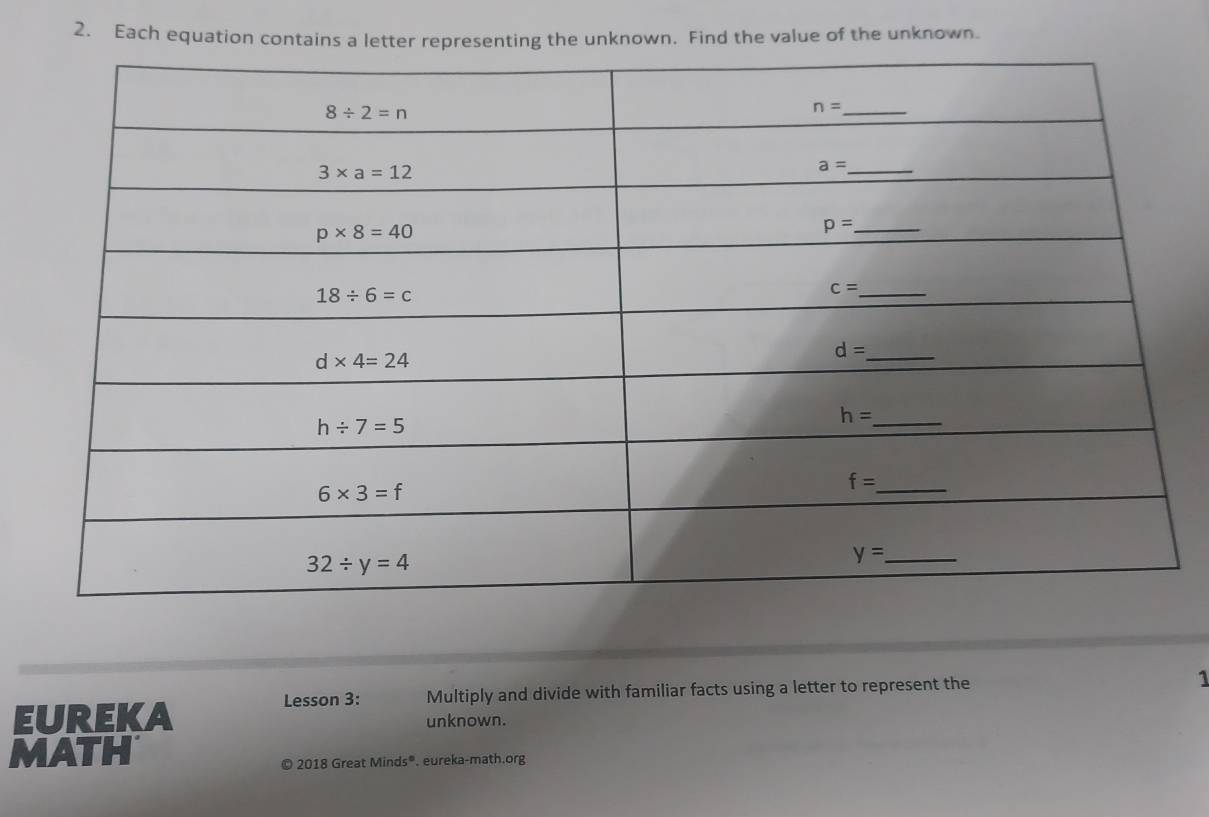 Each equation contains a letter representing the unknown. Find the value of the unknown.
Lesson 3: Multiply and divide with familiar facts using a letter to represent the 1
EUREKA unknown.
MATH
© 2018 Great Minds°. eureka-math.org