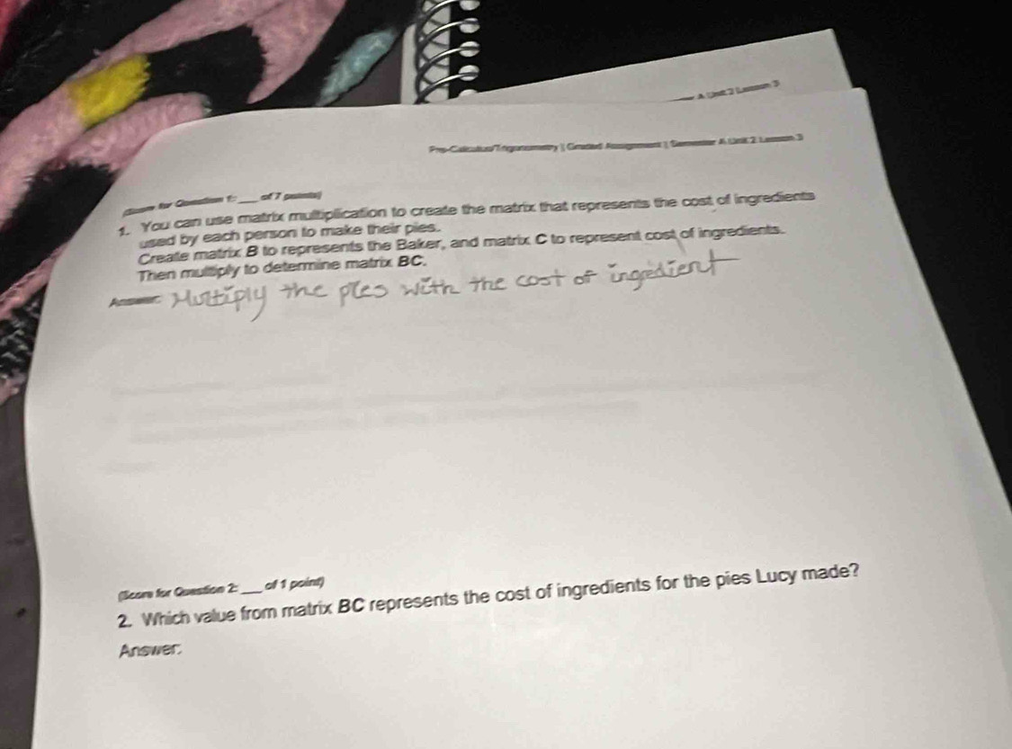 eA L e2 (Lasson 3 
Pro-Calicaticn T rgrnsmettry ). Ceastd Assignment 1, Gemester 4 Url 2. Lesson 3 
for Constion f of 7 gaints) 
1. You can use matrix multiplication to create the matrix that represents the cost of ingredients 
used by each person to make their pies. 
Create matrix B to represents the Baker, and matrix C to represent cost of ingredients. 
Then multiply to determine matrix BC. 
(Score for Question 2: of 1 point) 
2. Which value from matrix BC represents the cost of ingredients for the pies Lucy made? 
Answer.