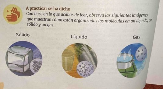 A practicar se ha dicho
Con base en lo que acabas de leer, observa las siguientes imágenes
que muestran cómo están organizadas las moléculas en un líquido, un
sólido y un gas.
Sólido Líquido Gas