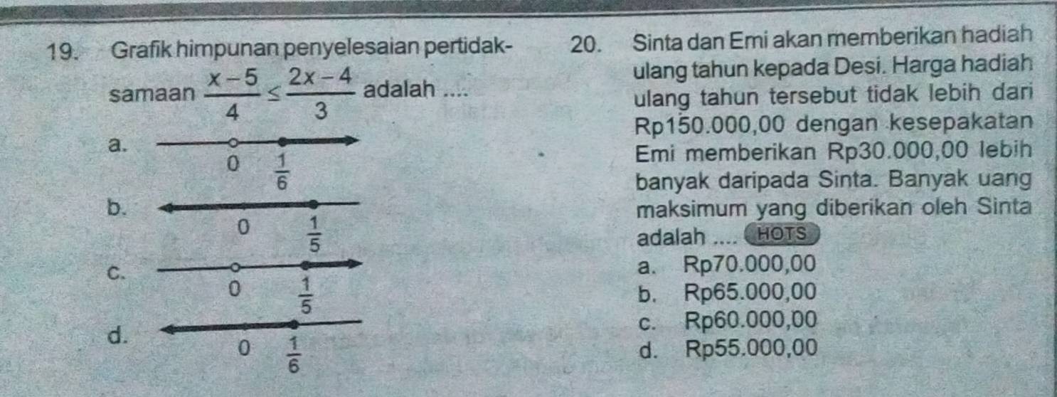 Grafik himpunan penyelesaian pertidak- 20. Sinta dan Emi akan memberikan hadiah
ulang tahun kepada Desi. Harga hadiah
samaan  (x-5)/4 ≤  (2x-4)/3  adalah ....
ulang tahun tersebut tidak lebih dari
Rp150.000,00 dengan kesepakatan
a
Emi memberikan Rp30.000,00 lebih
banyak daripada Sinta. Banyak uang
bmaksimum yang diberikan oleh Sinta
adalah _.. C HOTS
C
a. Rp70.000,00
b. Rp65.000,00
d
c. Rp60.000,00
d. Rp55.000,00