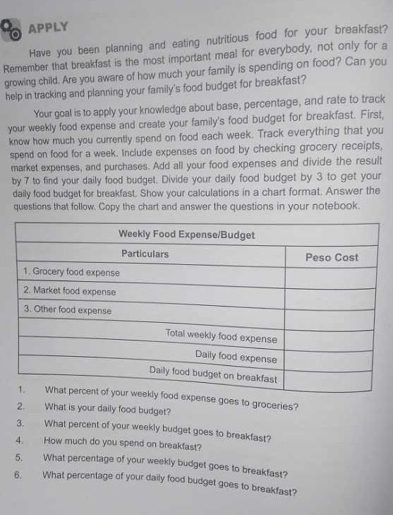 APPLY 
Have you been planning and eating nutritious food for your breakfast? 
Remember that breakfast is the most important meal for everybody, not only for a 
growing child. Are you aware of how much your family is spending on food? Can you 
help in tracking and planning your family's food budget for breakfast? 
Your goal is to apply your knowledge about base, percentage, and rate to track 
your weekly food expense and create your family's food budget for breakfast. First, 
know how much you currently spend on food each week. Track everything that you 
spend on food for a week. Include expenses on food by checking grocery receipts, 
market expenses, and purchases. Add all your food expenses and divide the result 
by 7 to find your daily food budget. Divide your daily food budget by 3 to get your 
daily food budget for breakfast. Show your calculations in a chart format. Answer the 
questions that follow. Copy the chart and answer the questions in your notebook. 
e goes to groceries? 
2. What is your daily food budget? 
3. What percent of your weekly budget goes to breakfast? 
4. How much do you spend on breakfast? 
5. What percentage of your weekly budget goes to breakfast? 
6. What percentage of your daily food budget goes to breakfast?