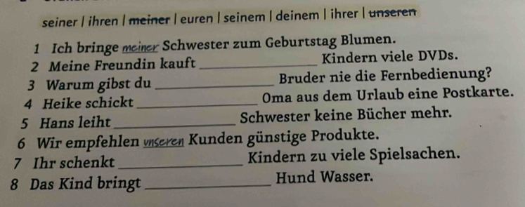 seiner | ihren | meiner | euren | seinem | deinem | ihrer | unseren 
1 Ich bringe meier Schwester zum Geburtstag Blumen. 
2 Meine Freundin kauft _Kindern viele DVDs. 
3 Warum gibst du _Bruder nie die Fernbedienung? 
4 Heike schickt_ Oma aus dem Urlaub eine Postkarte. 
5 Hans leiht _Schwester keine Bücher mehr. 
6 Wir empfehlen seren Kunden günstige Produkte. 
7 Ihr schenkt _Kindern zu viele Spielsachen. 
8 Das Kind bringt _Hund Wasser.