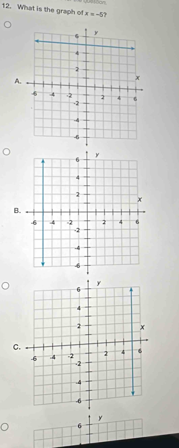 What is the graph of x=-5 ? 
A 
B 
C.
y
6