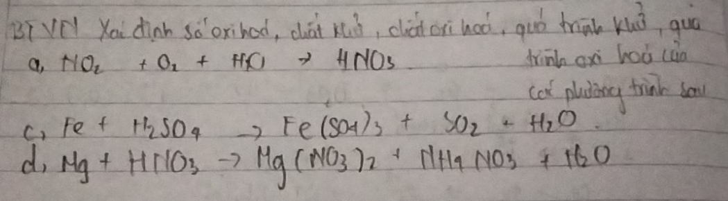 BiVO Xoi dinh sǒoxihod, chài xuò, clàd crihoò, quó triàb kuò, guā
a, NO_2+O_2+H_2Oto HNO_3
dinh oxi hoǒ (ào
cot pluing trink bow
C, Fe+H_2SO_4to Fe(SO_4)_3+SO_2+H_2O.
d, Mg+HClO_3to Mg(NO_3)_2+NH_4NO_3+H_2O