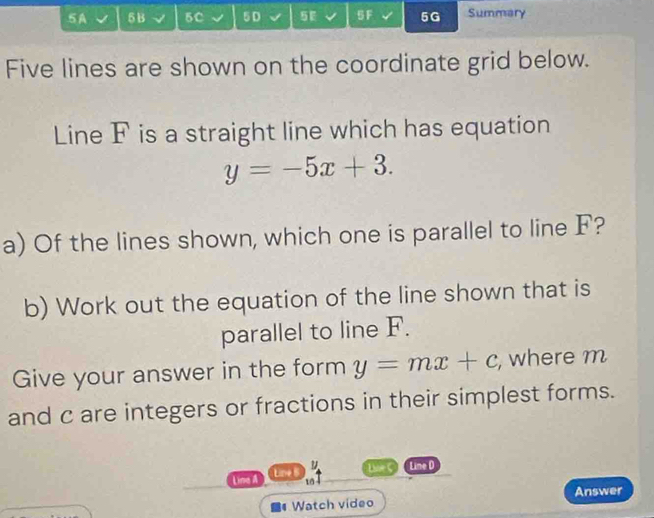 A 5 B 5C 5D 5 5F 5G Summary
Five lines are shown on the coordinate grid below.
Line F is a straight line which has equation
y=-5x+3. 
a) Of the lines shown, which one is parallel to line F?
b) Work out the equation of the line shown that is
parallel to line F.
Give your answer in the form y=mx+c , where m
and c are integers or fractions in their simplest forms.
Line A Line 5 LueS Line D
10
Watch video Answer