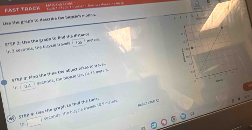 FAST TRACK Block 1 = Topic 1 - Lesson 1: Describe Motion in a Graph 

。 2 6 、 
Co 
Use the graph to describe the bicycle's motion.
15
STEP 2 : Use the graph to find the distance. 
In 3 seconds, the bicycle travels 105 meters. 
STEP 3 : Find the time the object takes to travel.
seconds, the bicycle travels 14 meters. 
In 0.4
RESET STEP 5
①STEP 4: Use the graph to find the time. 
In seconds, the bicycle travels 10.5 meters. 
a