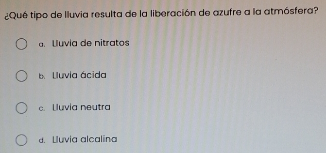 ¿Qué tipo de lluvia resulta de la liberación de azufre a la atmósfera?
a. Lluvia de nitratos
b. Lluvia ácida
c. Lluvia neutra
d. Lluvia alcalina