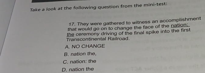 Take a look at the following question from the mini-test:
17. They were gathered to witness an accomplishment
that would go on to change the face of the nation;
the ceremony driving of the final spike into the first
Transcontinental Railroad.
A. NO CHANGE
B. nation the,
C. nation: the
D. nation the