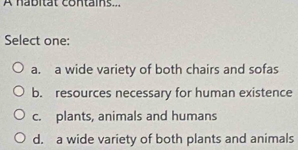 Anabitat contains...
Select one:
a. a wide variety of both chairs and sofas
b. resources necessary for human existence
c. plants, animals and humans
d. a wide variety of both plants and animals