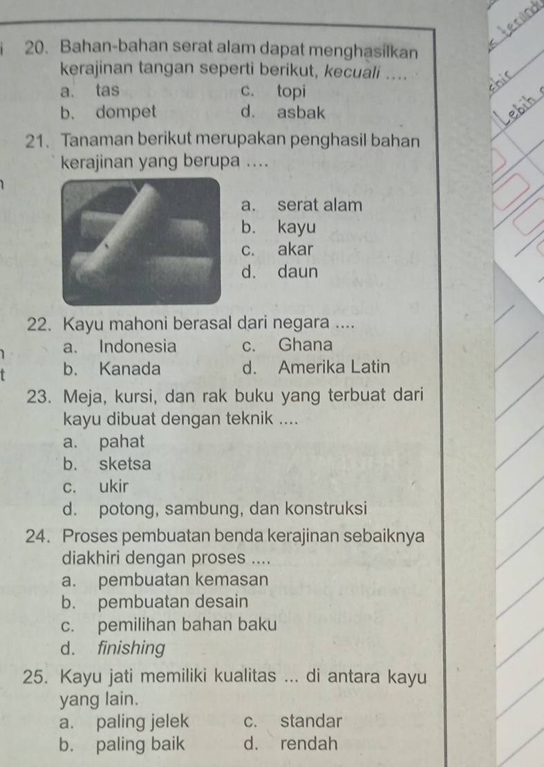 Bahan-bahan serat alam dapat menghasilkan
kerajinan tangan seperti berikut, kecuali ....
a. tas c. topi
b. dompet d. asbak
21. Tanaman berikut merupakan penghasil bahan
kerajinan yang berupa ....
a. serat alam
b. kayu
c. akar
d. daun
22. Kayu mahoni berasal dari negara ....
a. Indonesia c. Ghana
b. Kanada d. Amerika Latin
23. Meja, kursi, dan rak buku yang terbuat dari
kayu dibuat dengan teknik ....
a. pahat
b. sketsa
c. ukir
d. potong, sambung, dan konstruksi
24. Proses pembuatan benda kerajinan sebaiknya
diakhiri dengan proses ....
a. pembuatan kemasan
b. pembuatan desain
c. pemilihan bahan baku
d. finishing
25. Kayu jati memiliki kualitas ... di antara kayu
yang lain.
a. paling jelek c. standar
b. paling baik d. rendah