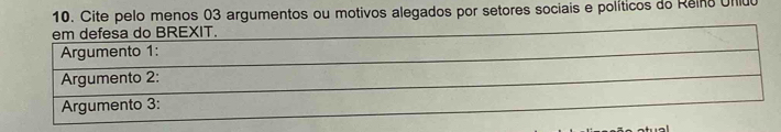 Cite pelo menos 03 argumentos ou motivos alegados por setores sociais e políticos do Reino Unlu