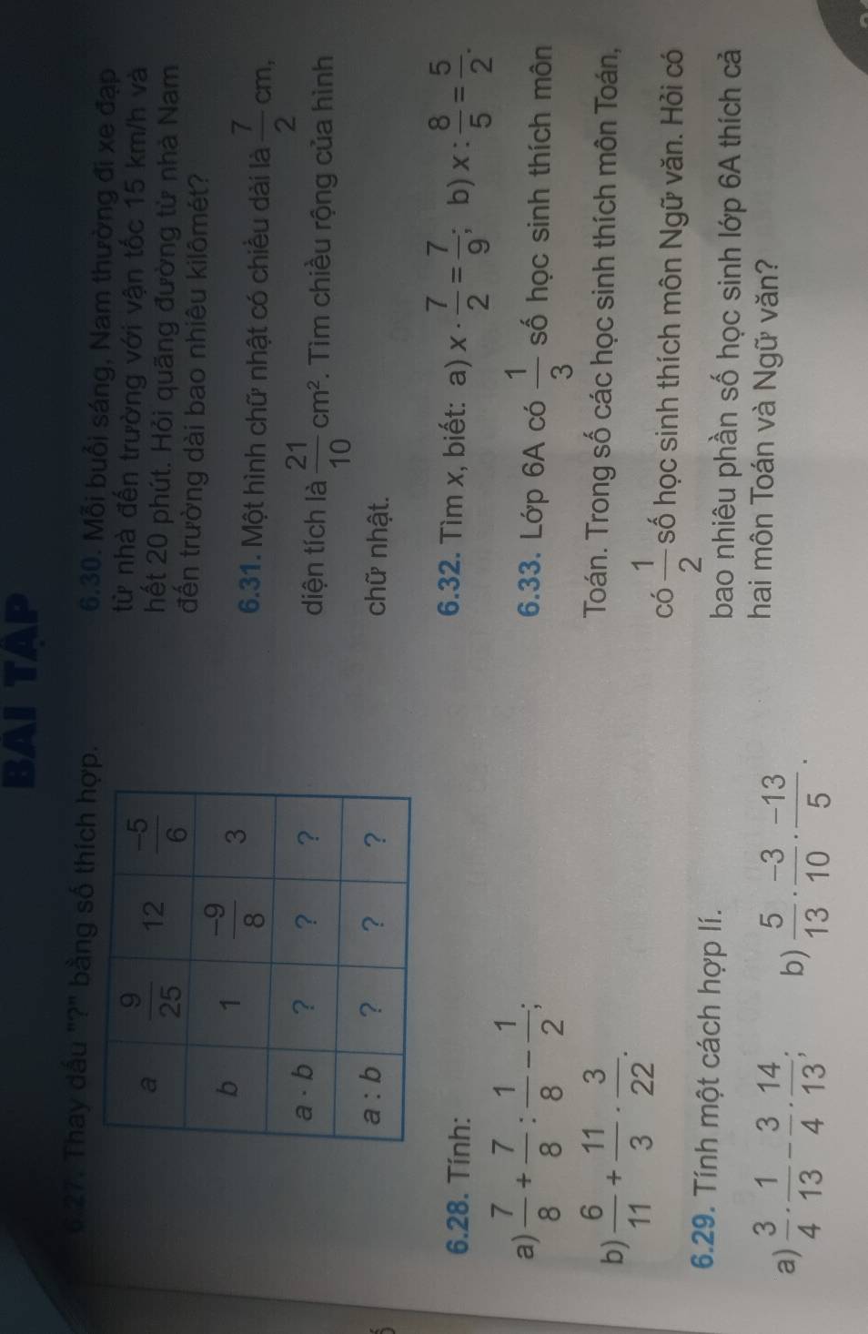 BAI TAP
6.27. Thay dấu "?" bằng số thích hợp. 6.30. Mỗi buổi sáng, Nam thường đi xe đạp
từ nhà đến trường với vận tốc 15 km/h và
hết 20 phút. Hỏi quãng đường từ nhà Nam
đến trường dài bao nhiêu kilômét?
6.31. Một hình chữ nhật có chiều dài là  7/2 cm,
diện tích là  21/10 cm^2 *. Tìm chiều rộng của hình
chữ nhật.
6.32. Tìm x, biết: a) x·  7/2 = 7/9 
6.28. Tính: ;b) x: 8/5 = 5/2 .
a)  7/8 + 7/8 : 1/8 - 1/2 ; 6.33. Lớp 6A có  1/3  số học sinh thích môn
b)  6/11 + 11/3 ·  3/22 .
Toán. Trong số các học sinh thích môn Toán,
có  1/2  số học sinh thích môn Ngữ văn. Hỏi có
6.29. Tính một cách hợp lí. bao nhiêu phần số học sinh lớp 6A thích cả
a)  3/4 ·  1/13 - 3/4 ·  14/13 ; b)  5/13 ·  (-3)/10 ·  (-13)/5 .
hai môn Toán và Ngữ văn?