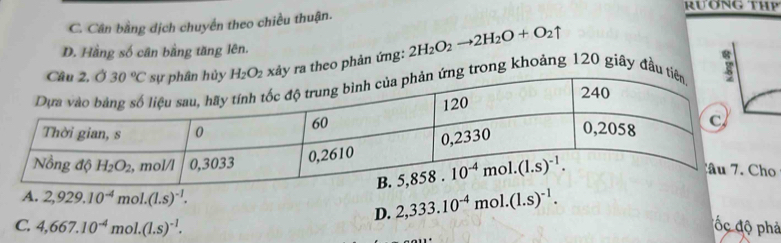 RƯơNG THP
C. Cân bằng dịch chuyển theo chiều thuận.
D. Hằng số cân bằng tăng lên.
y ra theo phản ứng: 2H_2O_2to 2H_2O+O_2uparrow
g trong khoảng 120 giây đầu
A. 2,929.10^(-4)mol.(1.s)^-1.
D. 2,333.10^(-4)mol.(1.s)^-1.
C. 4,667.10^(-4)mol.(1.s)^-1. ố c độ phả