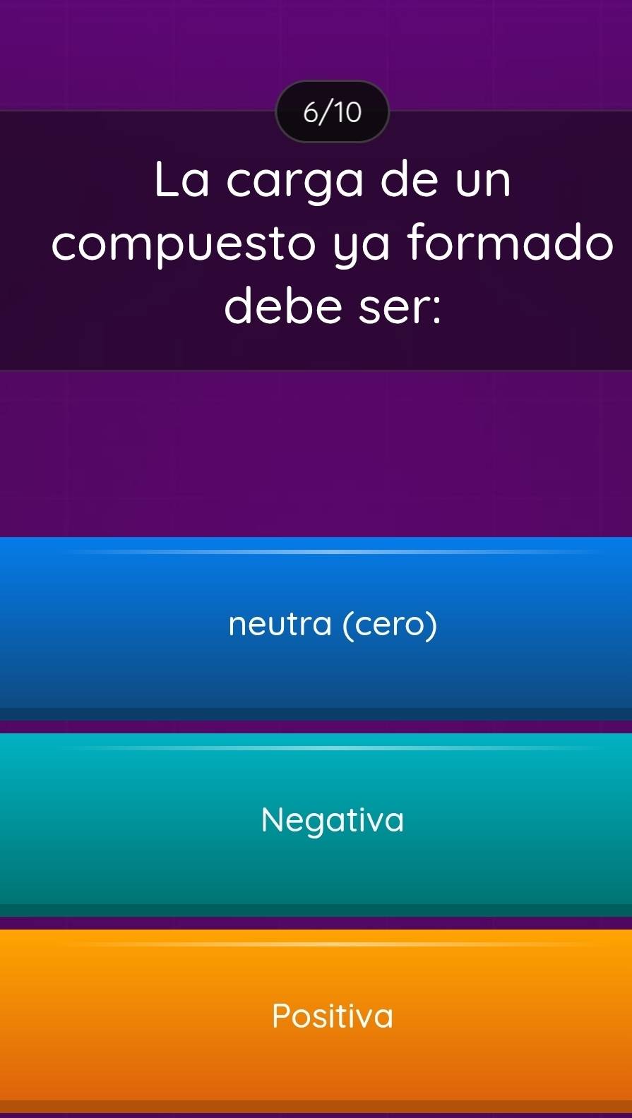 6/10
La carga de un
compuesto ya formado
debe ser:
neutra (cero)
Negativa
Positiva