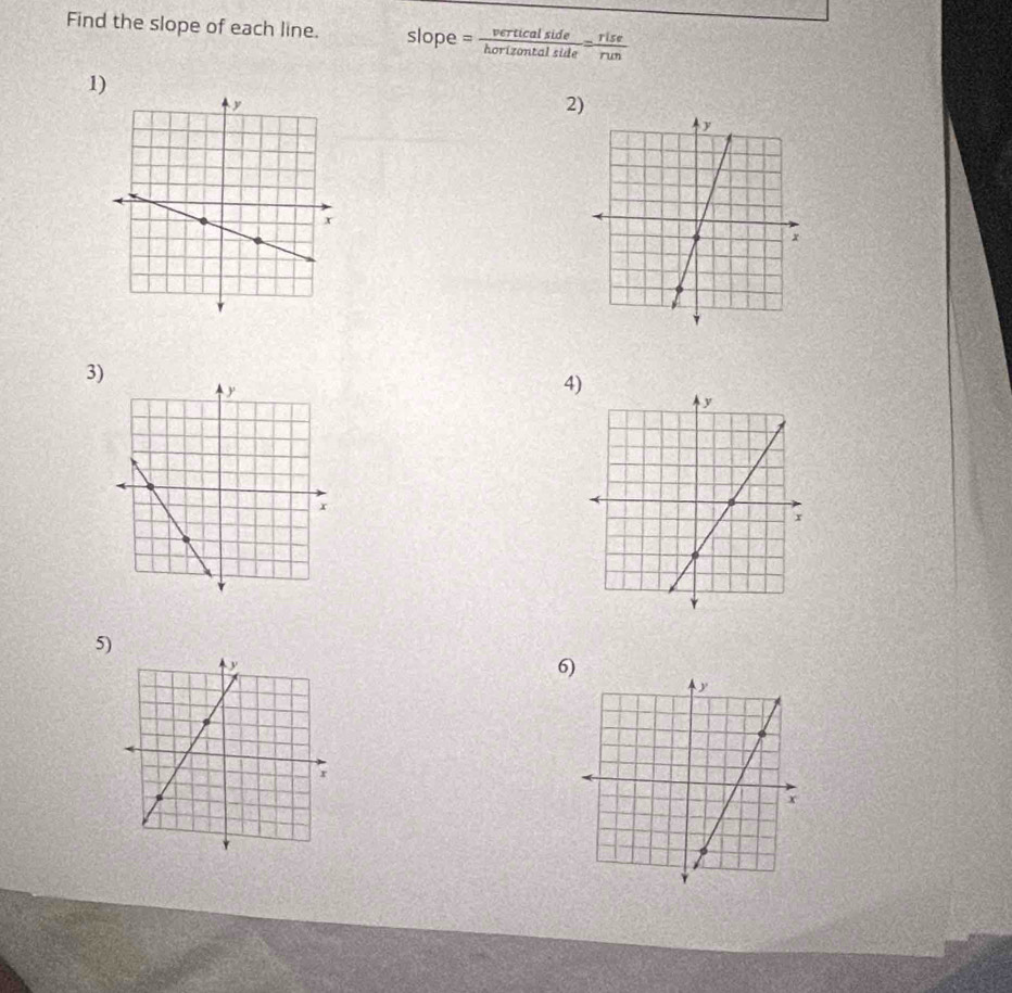 Find the slope of each line. slope =。 
1) 
2) 
3) 
4 
5) 
6)