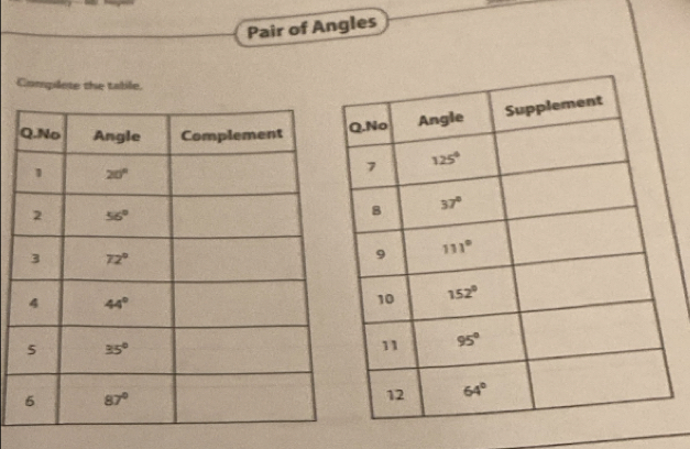 Pair of Angles
Compilete the table.