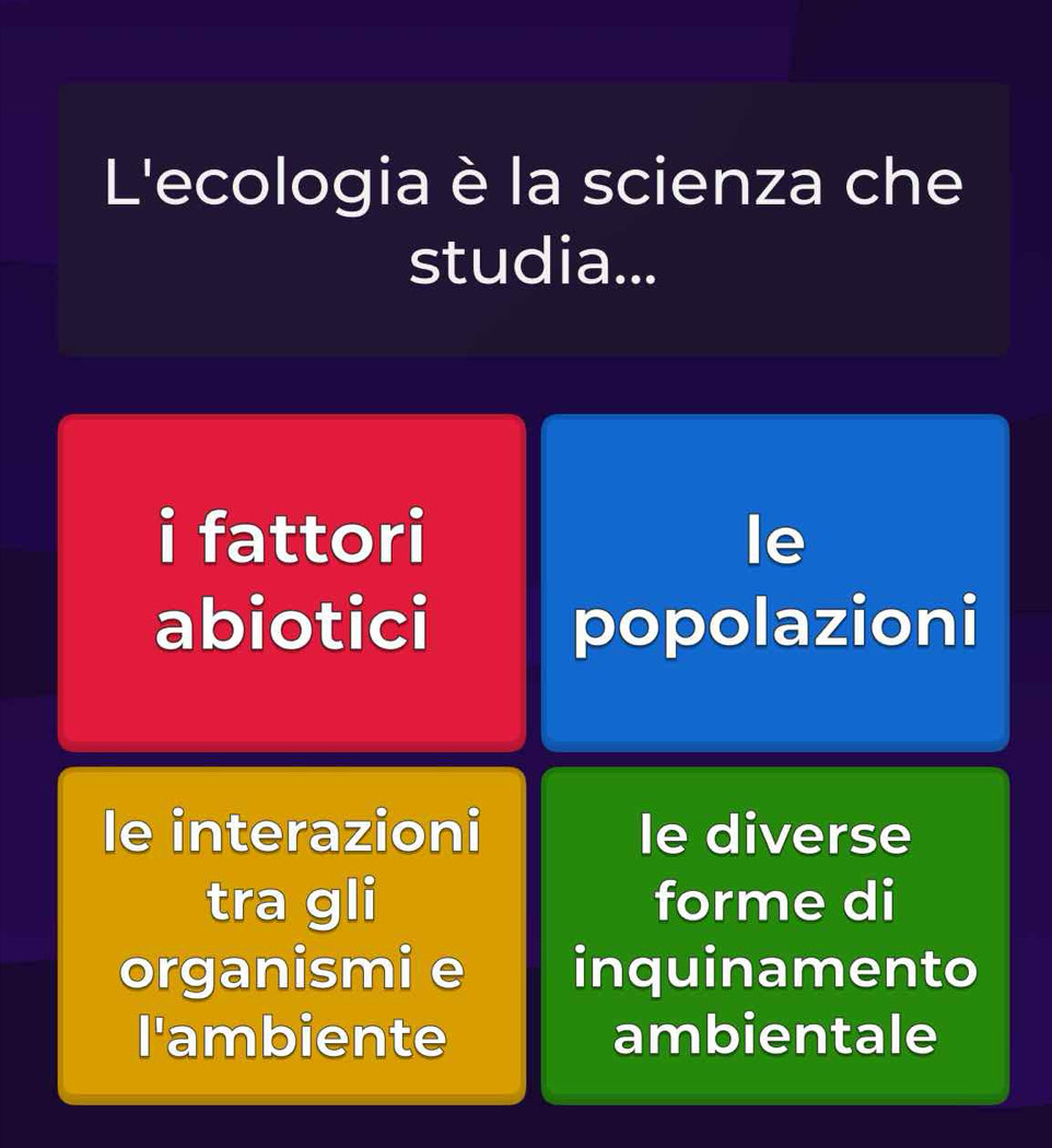 L'ecologia è la scienza che
studia...
i fattori le
abiotici popolazioni
le interazioni le diverse
tra gli forme di
organismi e inquinamento
l'ambiente ambientale