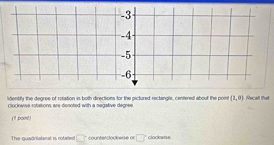 Identify the degree of rotation in both directions for the pictured rectangle, centered about the point (1,0) Recall that 
clockwise rotations are denoted with a negative degree. 
(1 point) 
The quadrilateral is rotated □° counterclockwise or □° clockwise