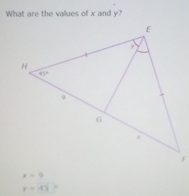 What are the values of x and y?
x=9
y=45