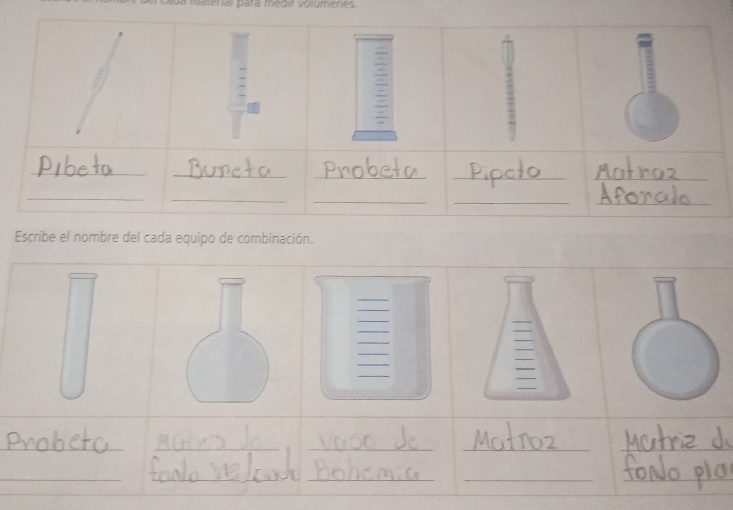 matenal para médir voluménes. 
Escribe el nombre del cada equipo de combinación. 
__ 
_ 
_ 
__ 
_ 
_ 
_ 
_ 
_