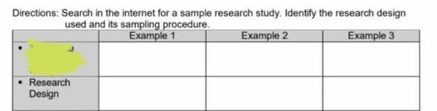 Directions: Search in the internet for a sample research study. Identify the research design 
used and its sam