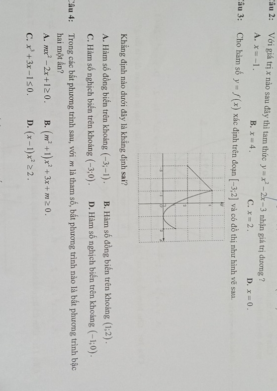 Với giá trị x nào sau đây thì tam thức y=x^2-2x-3 nhận giá trị dương ?
A. x=-1. B. x=4. C. x=2. D. x=0. 
Câu 3: Cho hàm số y=f(x) xác định trên đoạn [-3;2] và có 4 ô thị như hình vẽ sau.
Khẳng định nào dưới đây là khẳng định sai?
A. Hàm số đồng biến trên khoảng (-3;-1). B. Hàm số đồng biến trên khoảng (1;2).
C. Hàm số nghịch biến trên khoảng (-3;0). D. Hàm số nghịch biến trên khoảng (-1;0). 
Câu 4: Trong các bất phương trình sau, với m là tham số, bất phương trình nào là bất phương trình bậc
hai một ẩn?
A. mx^2-2x+1≥ 0. B. (m^2+1)x^2+3x+m≥ 0.
C. x^3+3x-1≤ 0. D. (x-1)x^2≥ 2.