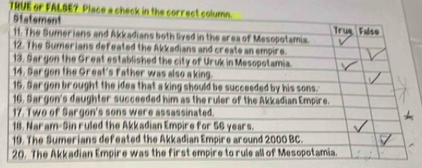 TRUE of FALSE? Place a check in the co