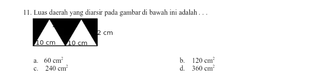 Luas daerah yang diarsir pada gambar di bawah ini adalah . . .
a. 60cm^2 b. 120cm^2
c. 240cm^2 d. 360cm^2