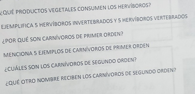 ¿QUÉ PRODUCTOS VEGETALES CONSUMEN LOS HERVÍBOROS? 
EJEMPLIFICA 5 HERVÍBOROS INVERTEBRADOS Y 5 HERVÍBOROS VERTEBRADOS 
¿POR QUÉ SON CARNÍVOROS DE PRIMER ORDEN? 
MENCIONA 5 EJEMPLOS DE CARNÍVOROS DE PRIMER ORDEN 
¿CUÁLES SON LOS CARNÍVOROS DE SEGUNDO ORDEN? 
¿QUÉ OTRO NOMBRE RECIBEN LOS CARNÍVOROS DE SEGUNDO ORDEN?