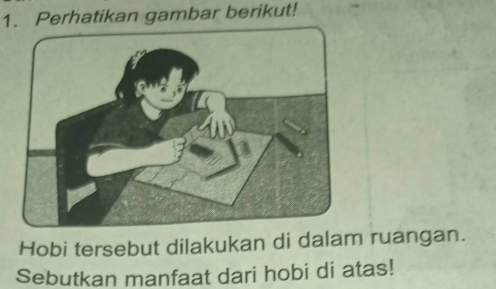 Perhatikan gambar berikut! 
Hobi tersebut dilakukan di dalam ruangan. 
Sebutkan manfaat dari hobi di atas!