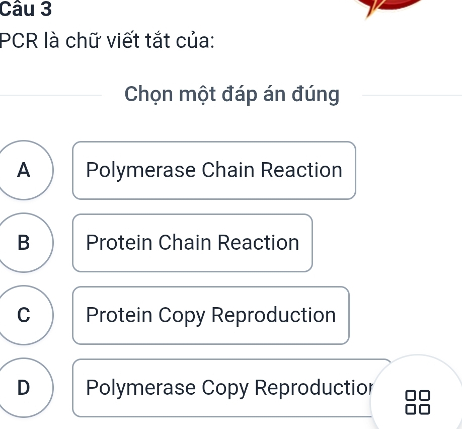 PCR là chữ viết tắt của:
Chọn một đáp án đúng
A Polymerase Chain Reaction
B Protein Chain Reaction
C Protein Copy Reproduction
D Polymerase Copy Reproductior