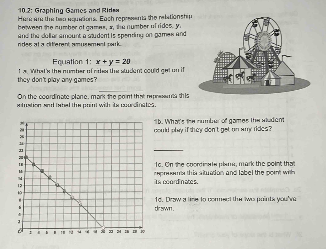 10.2: Graphing Games and Rides 
Here are the two equations. Each represents the relationship 
between the number of games, x, the number of rides, y, 
and the dollar amount a student is spending on games and 
rides at a different amusement park. 
Equation 1: x+y=20
1 a. What's the number of rides the student could get on if 
they don't play any games? 
_ 
On the coordinate plane, mark the point that represents this 
situation and label the point with its coordinates. 
1b. What's the number of games the student 
could play if they don't get on any rides? 
_ 
1c. On the coordinate plane, mark the point that 
represents this situation and label the point with 
its coordinates. 
1d. Draw a line to connect the two points you've 
drawn.