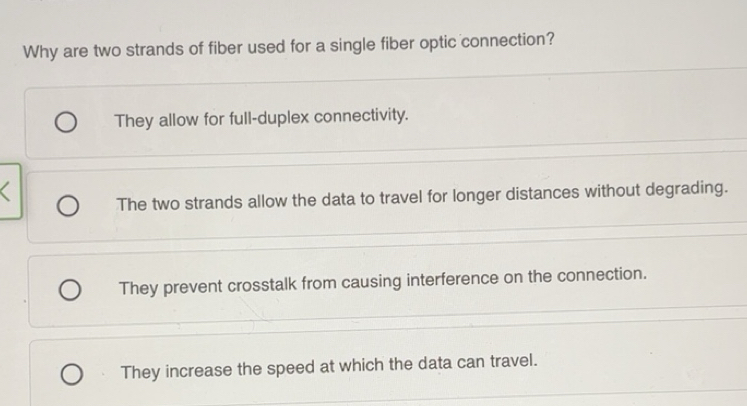 Solved: Why are two strands of fiber used for a single fiber optic ...