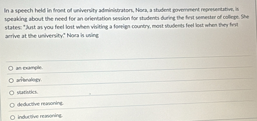 In a speech held in front of university administrators, Nora, a student government representative, is
speaking about the need for an orientation session for students during the frst semester of college. She
states: "Just as you feel lost when visiting a foreign country, most students feel lost when they first
arrive at the university." Nora is using
an example.
an analogy.
statistics.
deductive reasoning.
inductive reasoning.