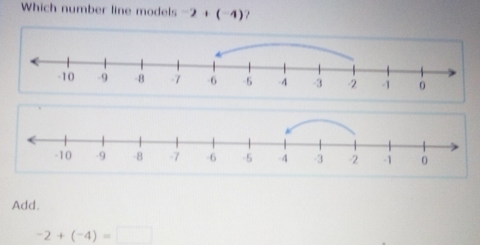 Which number line models -2+(-4) ? 
Add.
-2+(-4)=□