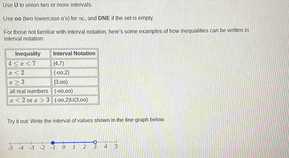 Use U to union two or more intervals.
Use oo (two lowercase o's) for ∞, and DNE if the set is empty.
For those not familiar with interval notation, here's some examples of how inequalities can be written in
interval notation:
Try it out: Write the interval of values shown in the line graph below.