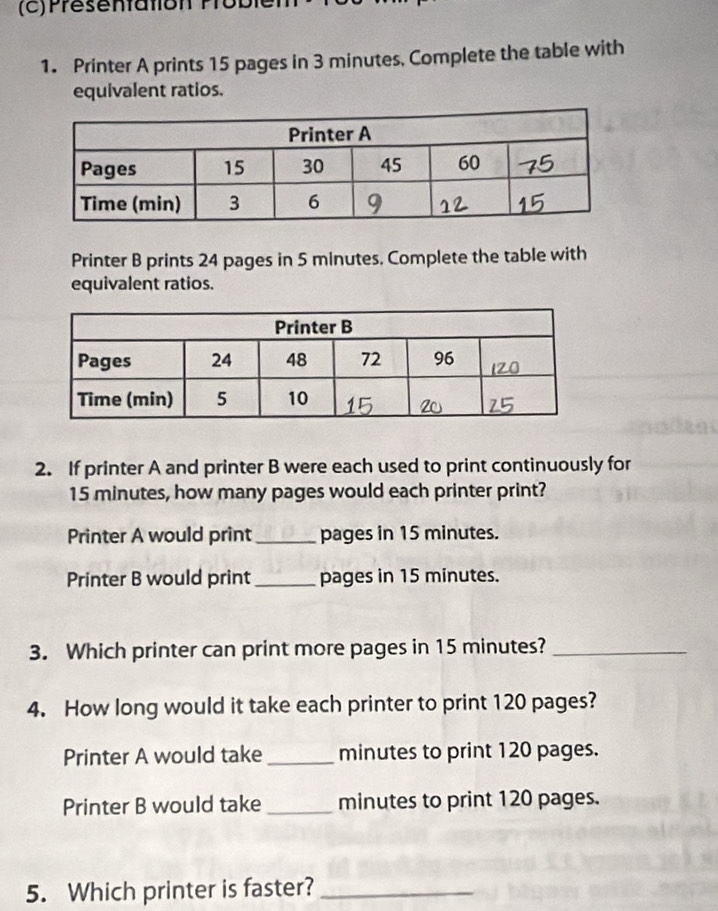 Présenfation P1o
1. Printer A prints 15 pages in 3 minutes, Complete the table with
equivalent ratios.
Printer B prints 24 pages in 5 minutes. Complete the table with
equivalent ratios.
2. If printer A and printer B were each used to print continuously for
15 minutes, how many pages would each printer print?
Printer A would print_ pages in 15 minutes.
Printer B would print_ pages in 15 minutes.
3. Which printer can print more pages in 15 minutes?_
4. How long would it take each printer to print 120 pages?
Printer A would take_ minutes to print 120 pages.
Printer B would take_ minutes to print 120 pages.
5. Which printer is faster?_