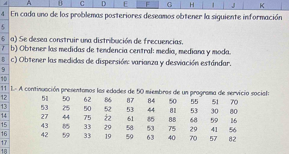 A B C D E F G H 1 J K
4 En cada uno de los problemas posteriores deseamos obtener la siguiente información 
5 
6 a) Se desea construir una distribución de frecuencias. 
7 b) Obtener las medidas de tendencia central: media, mediana y moda. 
8 c) Obtener las medidas de dispersión: varianza y desviación estándar. 
9 
10 
11 1.- A continuación presentamos las edades de 50 miembros de un programa de servicio social:
12
51 50 62 86 87 a 84 50 55 51 70
13
53 25 50 52 53 44 81 53 30 80
14
27 44 75 22 61 85 88 68 59 16
15
43 85 33 29 58 53 75 29 41 56
16
42 59 33 19 59 63 40 70 57 82
17
18