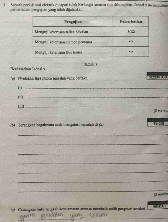 Sebuah periuk nasi elektrik didapati tidak berfungsi semasa suis dihidupkan. Jadual x menunjukkan 
pemerhatian pengujian yang telah dijalankan. 
Jadual x
Berdasarkan Jadual x, 
(a) Nyatakan tiga punca masalah yang berlaku. SEDERHANA 
(i)_ 
(ii)_ 
(iii)_ 
[3 marka 
(b) Terangkan bagaimana anda mengatasi masalah di (a). TINGGI 
_ 
_ 
_ 
_ 
_ 
_ 
_ 
[3 marka 
(c) Cadangkan satu langkah keselamatan semasa membaík pulih pengisar tersebut. RENDAH 
_