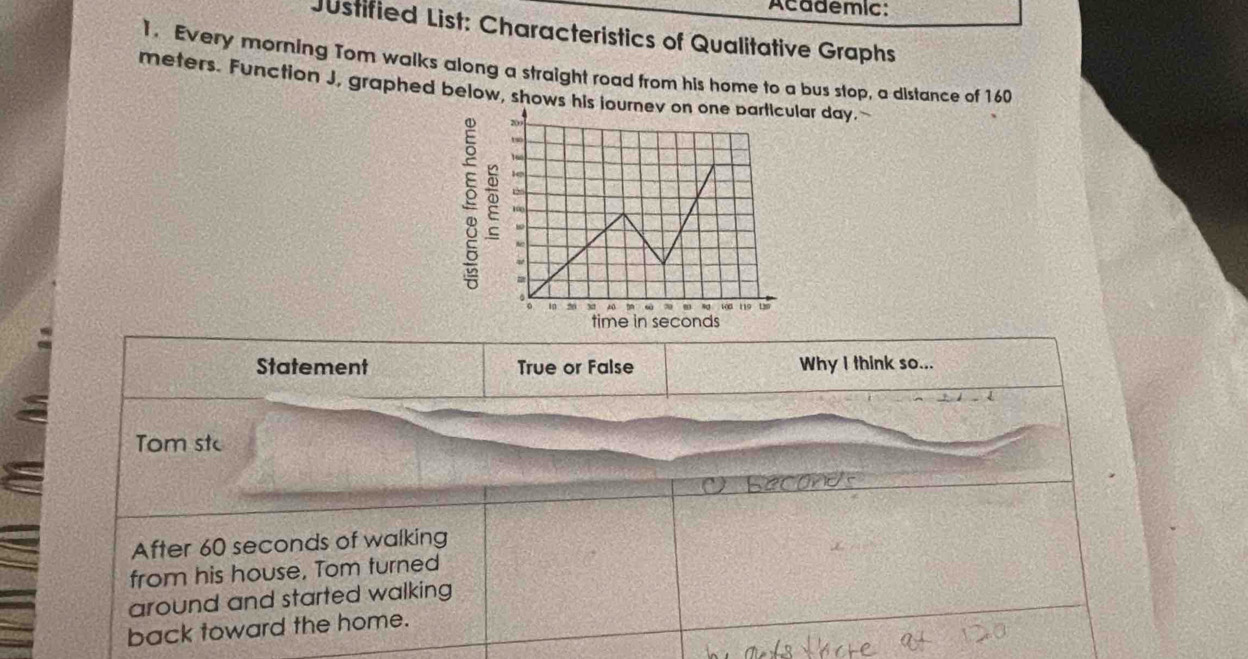 Academic: 
Justified List: Characteristics of Qualitative Graphs 
1. Every morning Tom walks along a straight road from his home to a bus stop, a distance of 160
meters. Function J, graphed below, shows his tournevr day.` 
Statement True or False Why I think so... 
Tom st 
After 60 seconds of walking 
from his house, Tom turned 
around and started walking 
back toward the home.