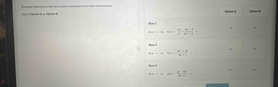 Examine functions in the first column and determine their end behavior.
Select Option A or Option B.