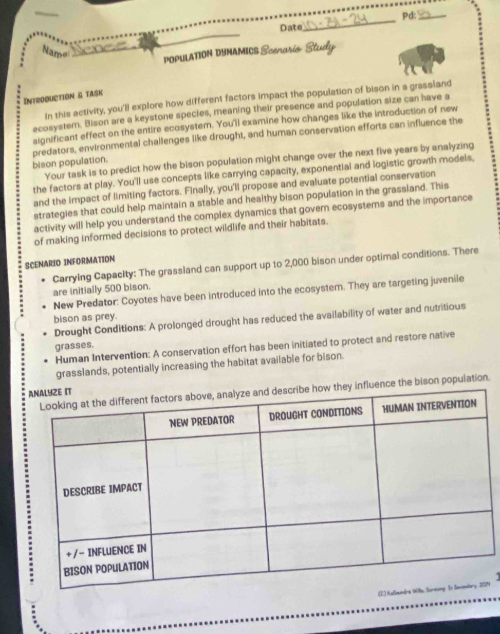 Pd:_ 
_ 
Date 
_ 
Name: 
Nence 
_POPULATION DYNAMICS Scenario Study 
INTRODUCTION & TASK 
In this activity, you'll explore how different factors impact the population of bison in a grassland 
ecosystem. Bison are a keystone species, meaning their presence and population size can have a 
significant effect on the entire ecosystem. You'll examine how changes like the introduction of new 
predators, environmental challenges like drought, and human conservation efforts can influence the 
Your task is to predict how the bison population might change over the next five years by analyzing 
bison population. 
the factors at play. You'll use concepts like carrying capacity, exponential and logistic growth modeis, 
and the impact of limiting factors. Finally, you'll propose and evaluate potential conservation 
strategies that could help maintain a stable and healthy bison population in the grassland. This 
activity will help you understand the complex dynamics that govern ecosystems and the importance 
of making informed decisions to protect wildlife and their habitats. 
SCENARIO INFORMATION 
Carrying Capacity: The grassland can support up to 2,000 bison under optimal conditions. There 
are initially 500 bison. 
New Predator: Coyotes have been introduced into the ecosystem. They are targeting juvenile 
bison as prey. 
Drought Conditions: A prolonged drought has reduced the availability of water and nutritious 
grasses. 
Human Intervention: A conservation effort has been initiated to protect and restore native 
grasslands, potentially increasing the habitat available for bison. 
e the bison population. 

4