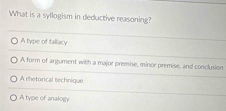 What is a syllogism in deductive reasoning?
A type of fallacy
A form of argument with a major premise, minor premise, and conclusion
A rhetorical technique
A type of analogy