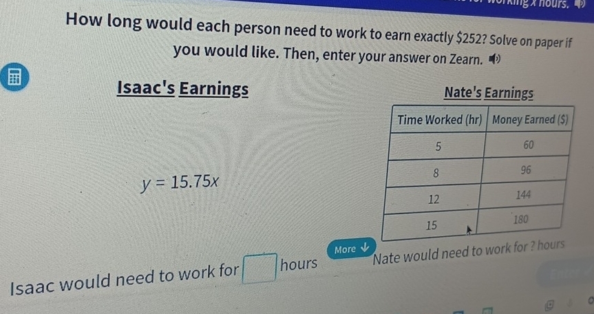 How long would each person need to work to earn exactly $252? Solve on paper if 
you would like. Then, enter your answer on Zearn. • 
Isaac's Earnings
y=15.75x
More ↓ 
Isaac would need to work for hours Nate would need to work for ?