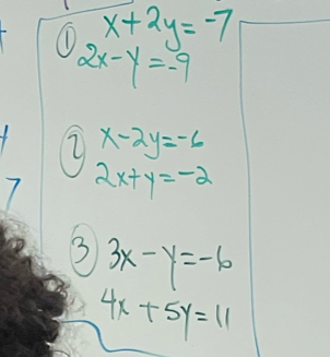 x+2y=-7
2x-y=-9
x-2y=-6
2x+y=-2
3 3x-y=-6
4x+5y=11