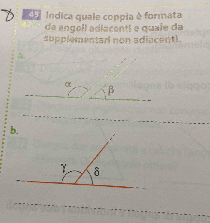 Indica quale coppia è formata
da angoli adiacenti e quale da
supplementari non adiacenti.
a.
α
β