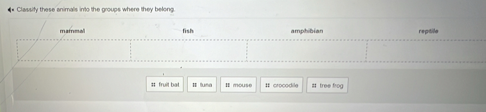 Classify these animals into the groups where they belong. 
mammal fish amphibian reptile 
=: fruit bat :: tuna :: mouse :: crocodile :: tree frog