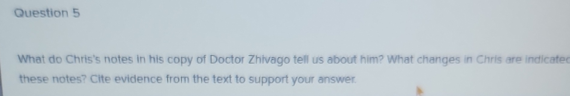 What do Chris's notes in his copy of Doctor Zhivago tell us about him? What changes in Chris are indicated 
these notes? Cite evidence from the text to support your answer.