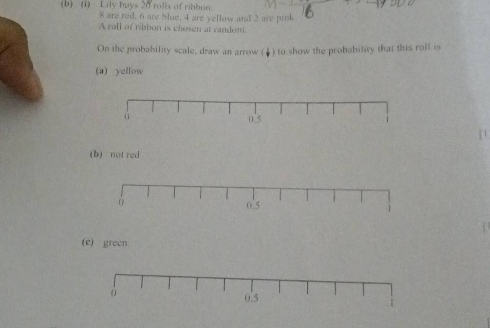Lily buys 20 rolls of ribbon.
8 are red, 6 are blue, 4 are yellow and 2 are pink 
A roll of ribbon is chosen at random. 
On the probability scale, draw an arrow (♦) to show the probability that this roll is 
(a) yellow 
[ f 
(b) not red
0 0.5
(c) green 
(
0.5
