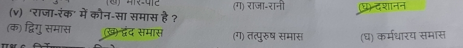 (ख) मर-पट (ग) राजा-रानी (घ) दशानन
(v) ‘राजा-रंक' में कौन-सा समास है ?
(क) द्विगु समास (ख) द्वंद समास
(ग) तत्पुरुष समास (घ) कर्मधारय समास